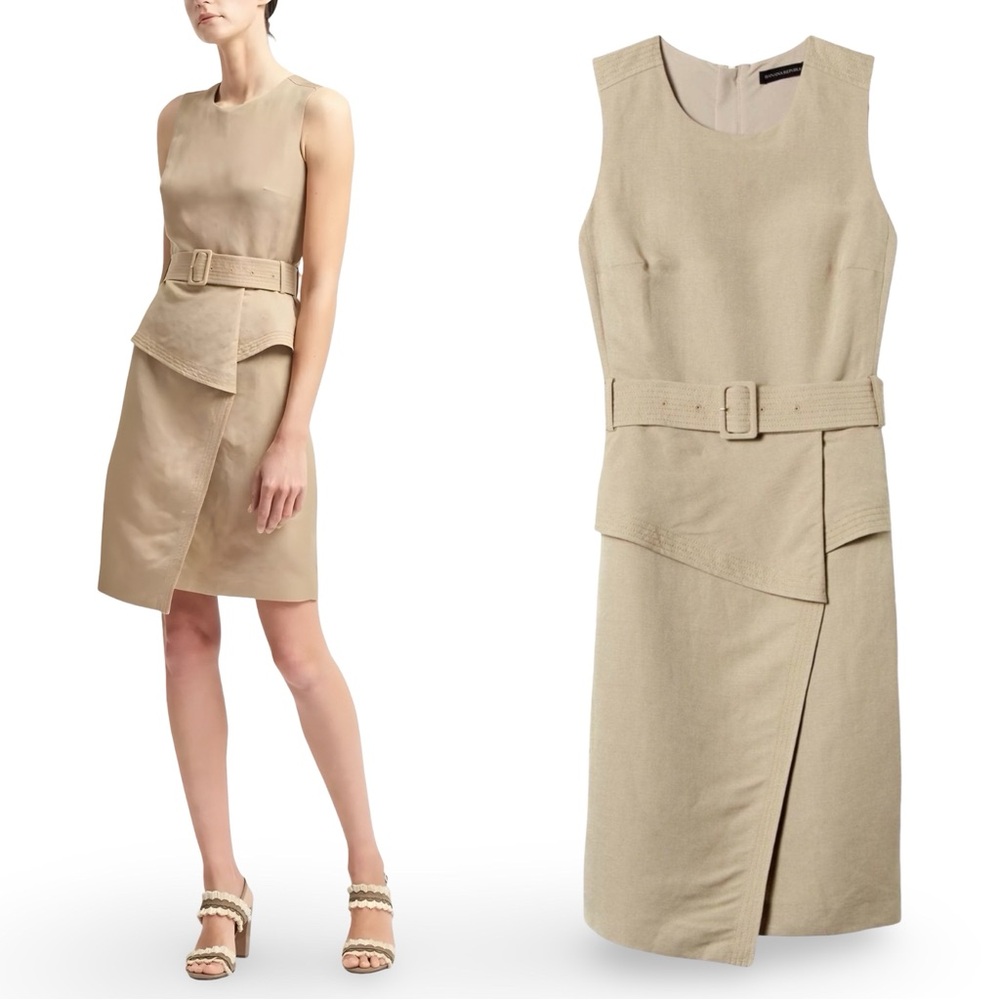 Banana Republic Linen-Blend Belted Peplum Utility Dress | Camel Beige | Size 6